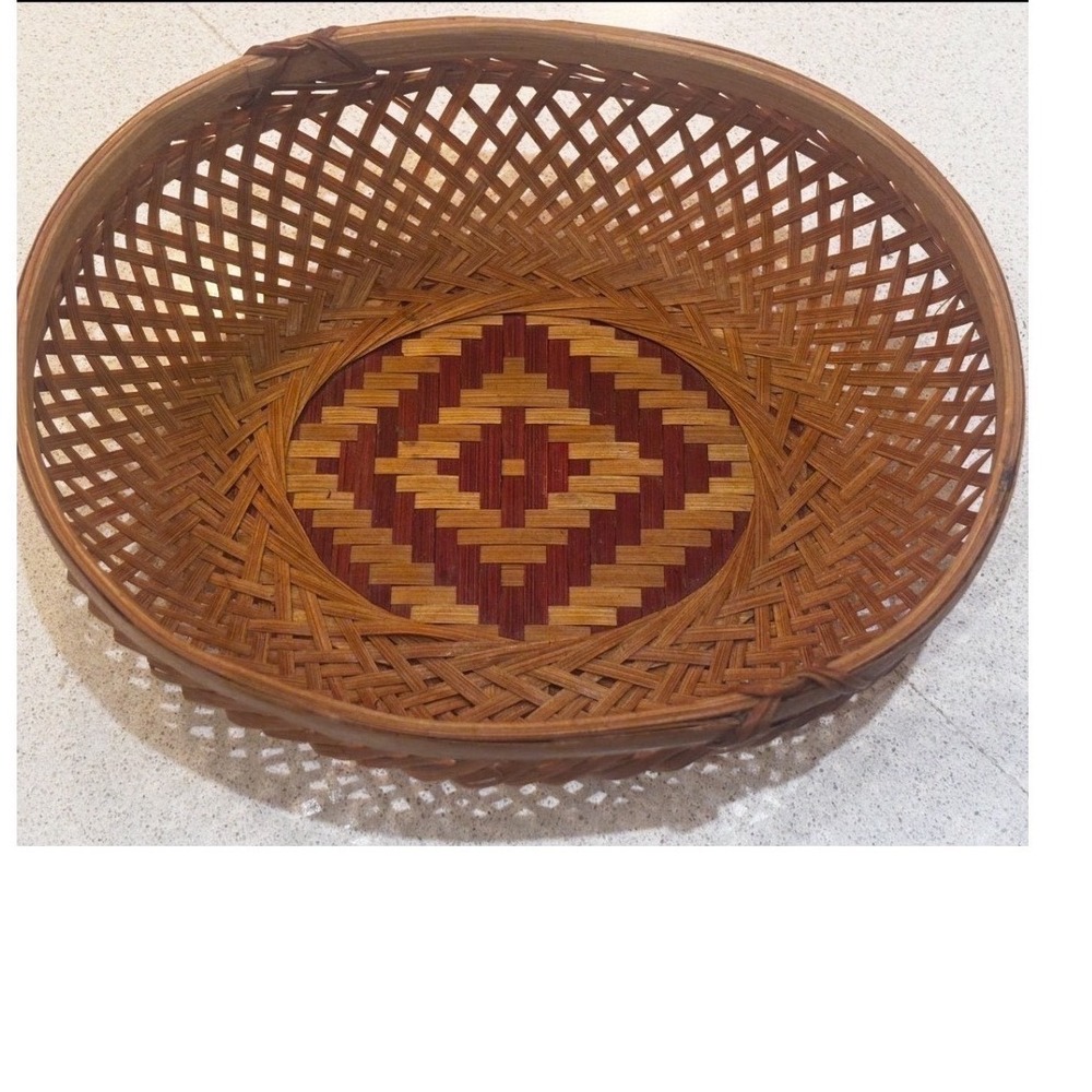 Vintage Woven Bamboo Basket Oval Lattice Diamond Pattern Boho Decor